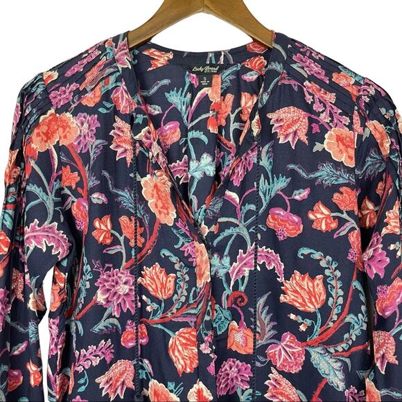 Lucky Brand | Navy Colorful Floral Print Boho Popover Tassels Long Sleeve Top - Picture 4 of 12